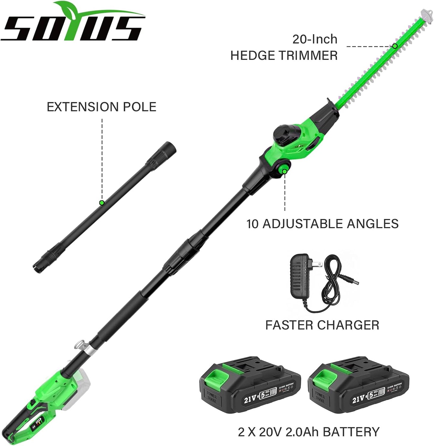 SOYUS Pole Hedge Trimmer Cordless, 18-inch Electric Hedge Trimmer with Extension Pole, 16-Foot Max Reach, Multi-Angle, 2 * 2.0Ah Batteries and Charger Included