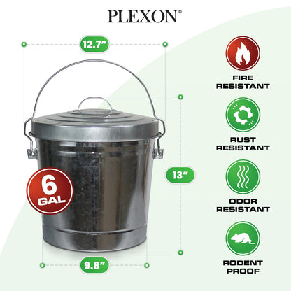Plexon 6 Gallon Small Metal Trash Can with Locking Lid Galvanized Metal Bucket for Poultry Feed Bird Seed Storage Ash Outside Garbage Can with Lid, 3 Pack