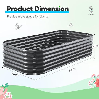 Quictent Galvanized Raised Garden Bed Kit, 8x4x2 ft Oval Metal Planter Box Tall for Vegetables Outdoor Backyard, Rubber Strip Edging Included (Dark Gray)