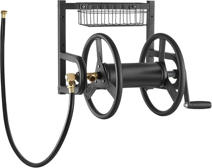 VEVOR Wall Mounted Garden Hose Reel, Holds 125 ft 5/8-inch Hose, Heavy-Duty Water Hose Winder, Space-Saving Design, Outdoor Manual Reel with Brass Fitting and Storage Basket for Yard Lawn