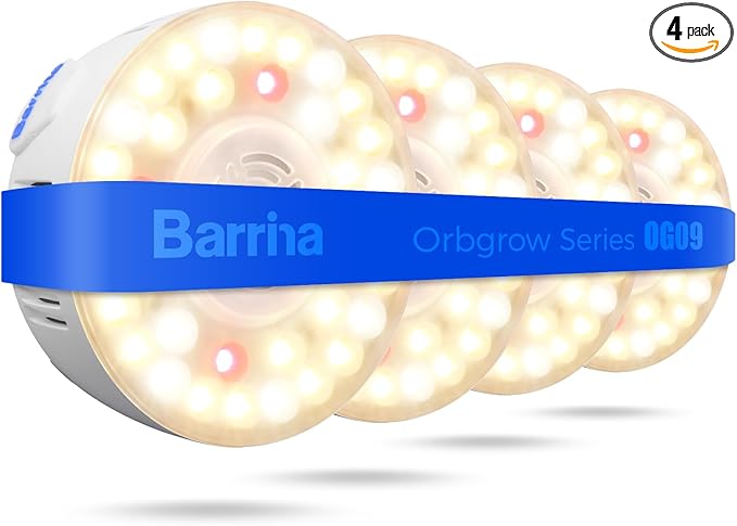 Barrina Orbgrow OG09 Puck LED Grow Light with 660nm Red LEDs, 36W(4 x 9W, 540 Watt Equiv), Plant Lights for Indoor Plants Full Spectrum, Magnetic & Linkable, Small Grow lamp for Plant Shelf, 4 Packs