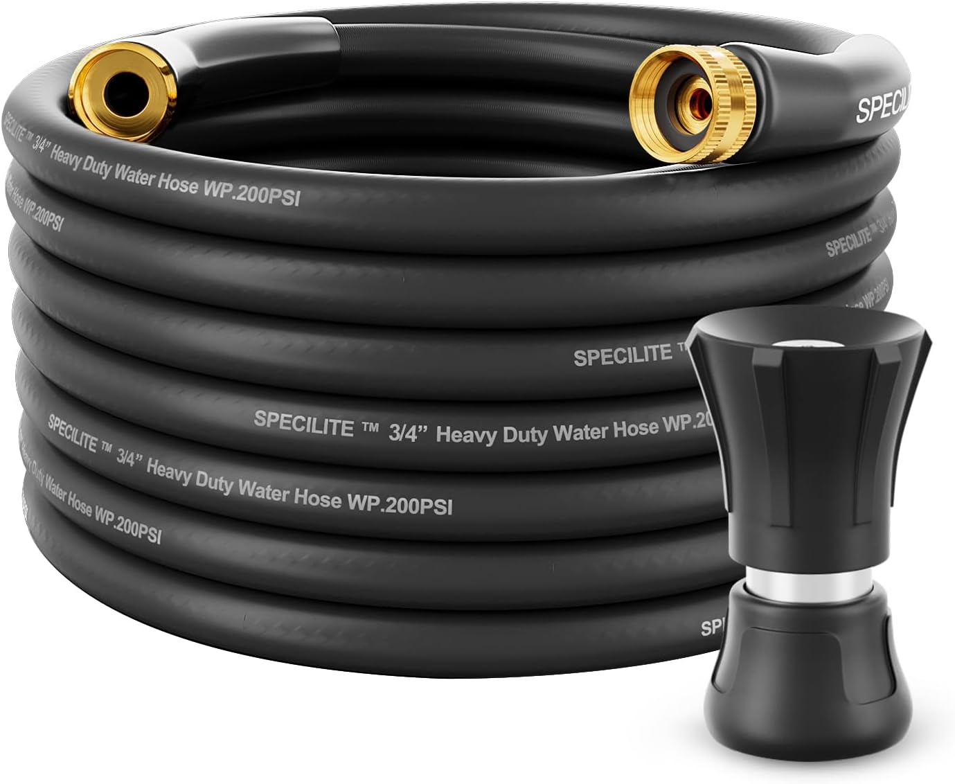 SPECILITE 3/4" Garden Hose 50 ft with High Flow Nozzle, Heavy Duty Flexible Hybrid Rubber Water Hose for Outdoor, Lightweight, Leak-Proof, No-Kink, 3/4"Brass Fittings,Black