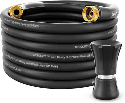SPECILITE 3/4" Garden Hose 50 ft with High Flow Nozzle, Heavy Duty Flexible Hybrid Rubber Water Hose for Outdoor, Lightweight, Leak-Proof, No-Kink, 3/4"Brass Fittings,Black