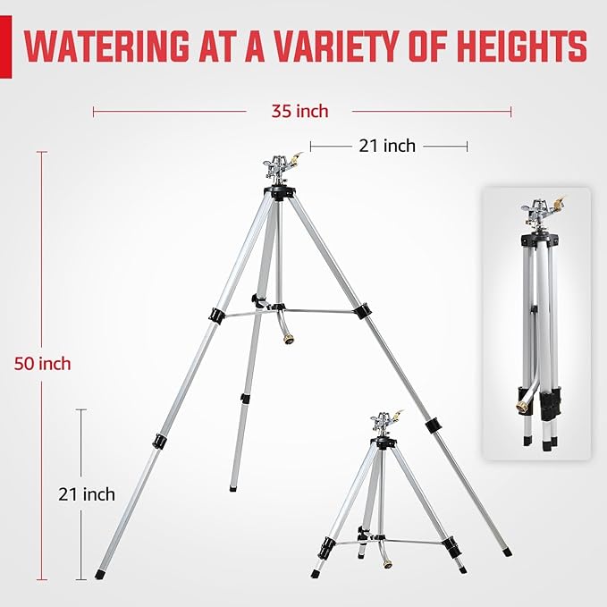 YAMATIC Impact Sprinkler on Tripod Base, 50-inch Heavy Duty Metal Sprinkler for Yard, 360 Degree Rotating Zinc Head for Large Area, 3/4" Brass Connector, Extension Legs Flip Locks, Spray up to 20-90ft