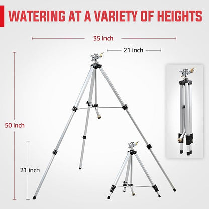 YAMATIC Impact Sprinkler on Tripod Base, 50-inch Heavy Duty Metal Sprinkler for Yard, 360 Degree Rotating Zinc Head for Large Area, 3/4" Brass Connector, Extension Legs Flip Locks, Spray up to 20-90ft