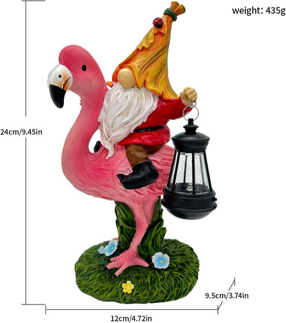 Gnomes Flamingo with Solar Lantern, Whimsical Decor for Garden, Yard, Patio, Lawn, LED Lights - Unique Gift for Women, Mom, Friends(Red Gnomes)