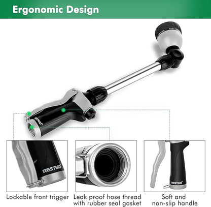 RESTMO Metal Watering Wand, Heavy Duty Garden Hose Wand with 180° Swivel Ratcheting Head, 16'' Hose Nozzle Sprayer with 7 Spray Patterns and Flow Control, for Water Hanging Baskets and Shrubs, Black