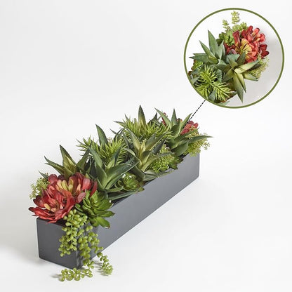 CG Hunter Oblong Faux Succulent Arrangement, Premium Artificial Indoor Plant Enhances Interior Design, Display on any Surface in Your Home Adding an Inviting Touch of Nature, Grey Planter Pot Included