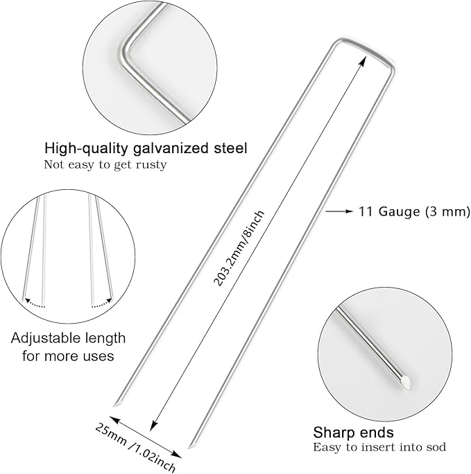 FEED GARDEN 8 Inch 50 Pack Galvanized Landscape Staples 11 Gauge Anti-Rust Garden Stakes Landscaping Fabric SOD Pins Yard Stakes for Weed Barrier Fabric