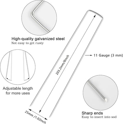 FEED GARDEN 8 Inch 50 Pack Galvanized Landscape Staples 11 Gauge Anti-Rust Garden Stakes Landscaping Fabric SOD Pins Yard Stakes for Weed Barrier Fabric