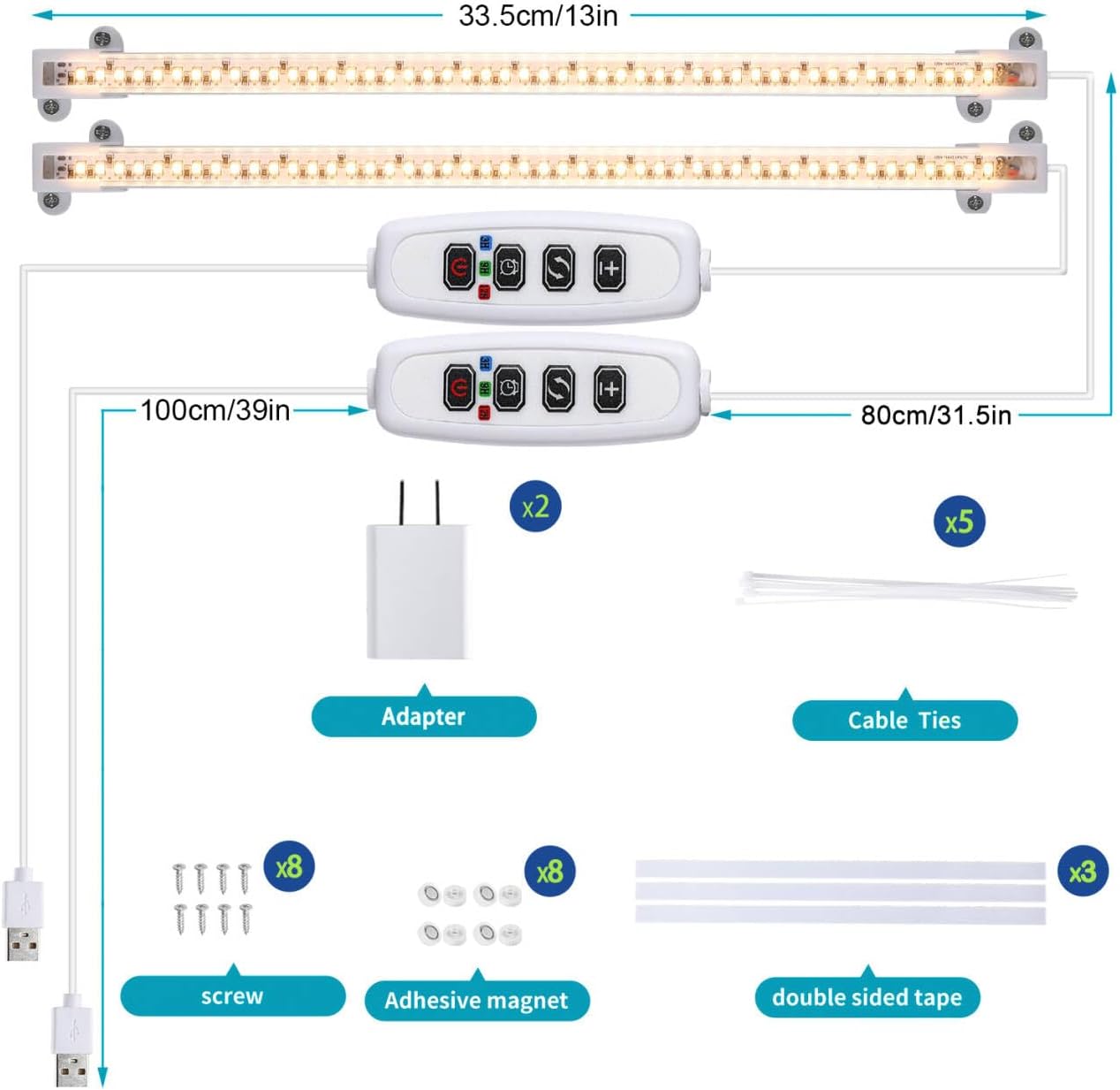 LED Grow Light Strips for Indoor Plants Full Spectrum 3500K, 96 LEDs Plant Light Bar with 3/9/12H Timer, 10 Dimmable Levels for Seedling Succulent and Shelf, 13 Inches, 1 Head 2 Pack