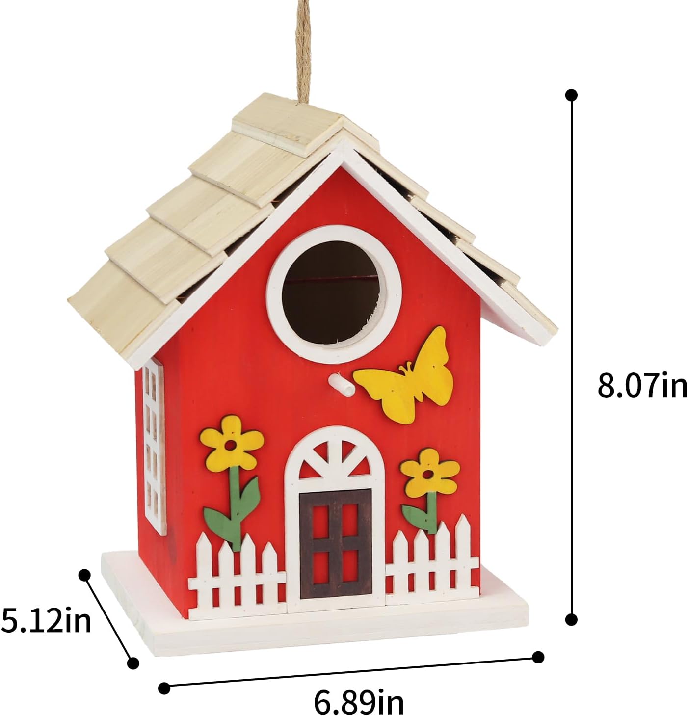 Red Wooden Bird House for Outside, Nesting Box with Sturdy Rope, Haing Bird Houses for Wren, Cardinal, Swallow, Sparrow, Finch