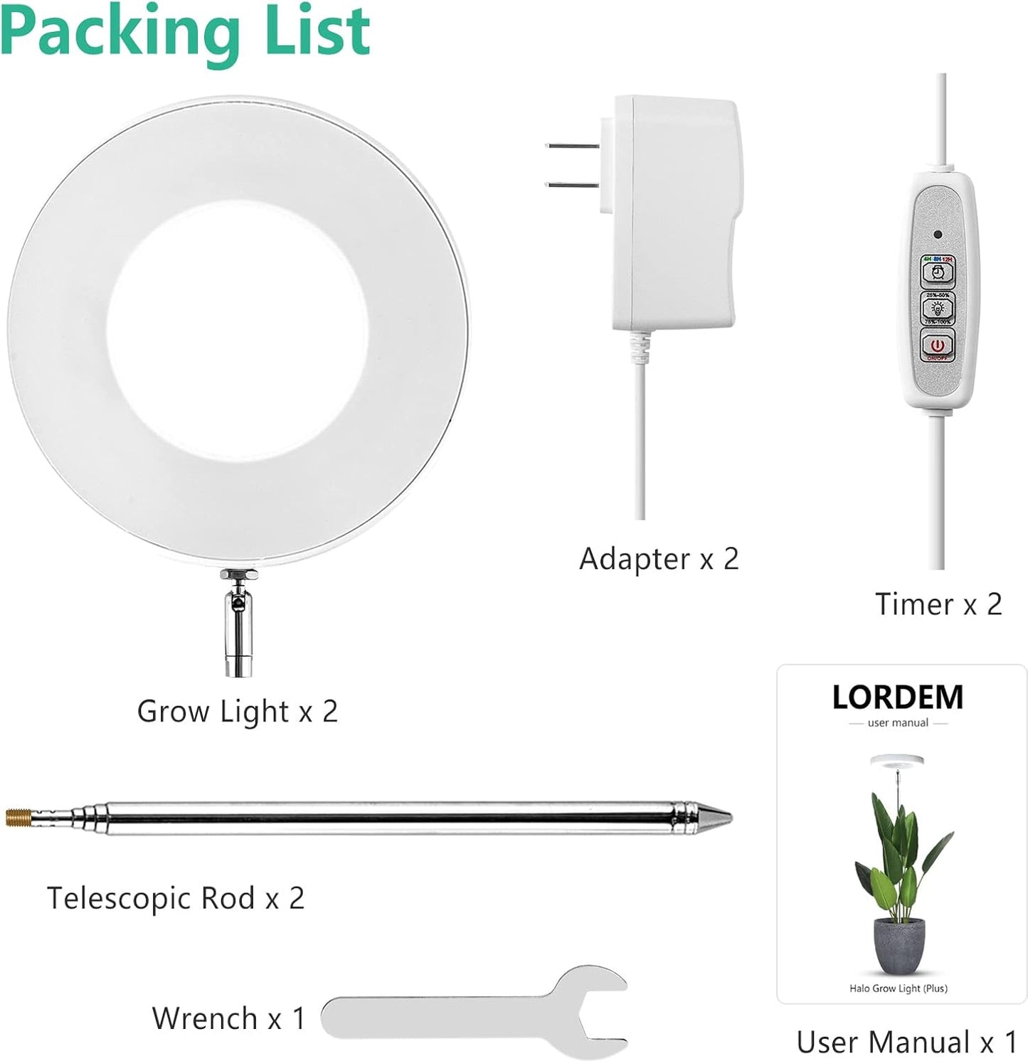 LORDEM Full Spectrum LED Grow Lights, Brightness Adjustable Plant Lamps with Auto On/Off Timer, Height Adjustable Growing Lights for Indoor Plants, Pack of 2