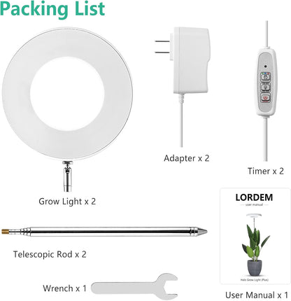 LORDEM Full Spectrum LED Grow Lights, Brightness Adjustable Plant Lamps with Auto On/Off Timer, Height Adjustable Growing Lights for Indoor Plants, Pack of 2