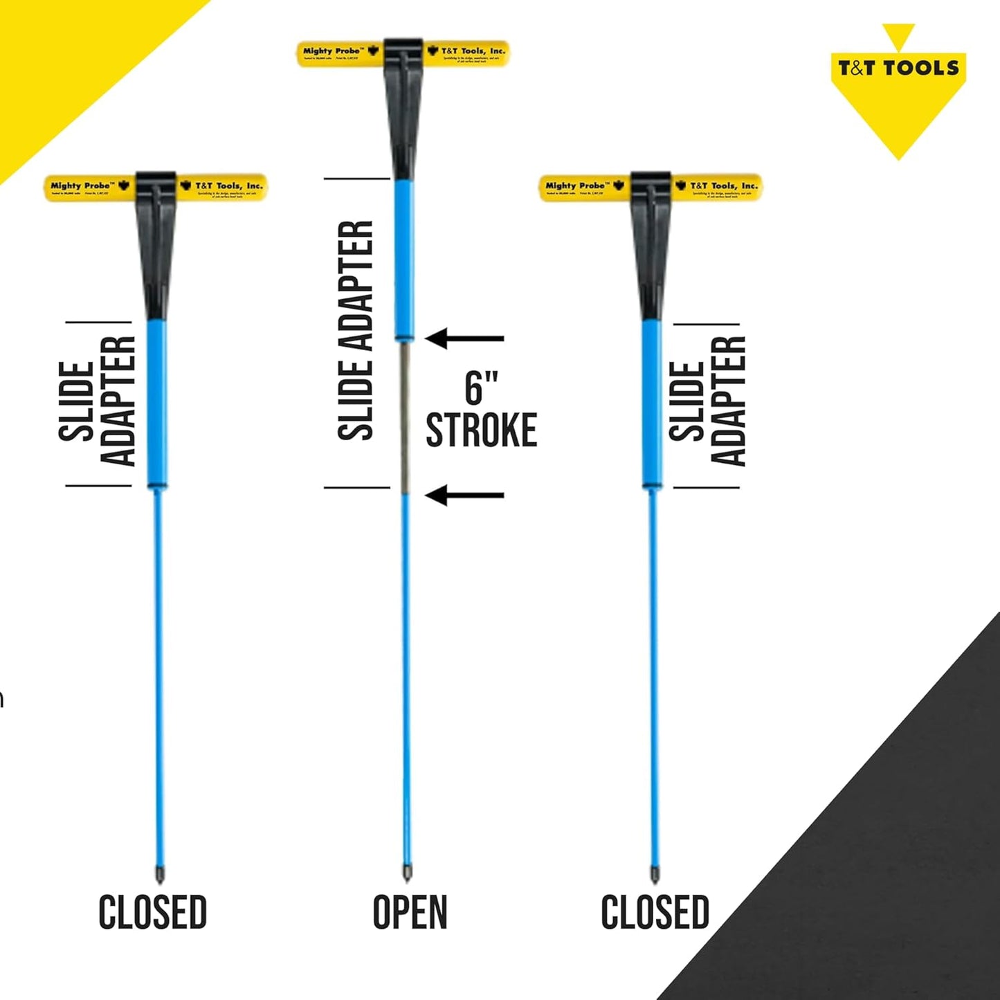 T&T Tools Mighty Probe with Slide Adapter – Insulated Metal Soil Probe, Ground Probe Rod with T-Handle, Septic Tank Locator Soil Sampling & Compaction Tester - 50 Inch Length, 3/8" Round Rod