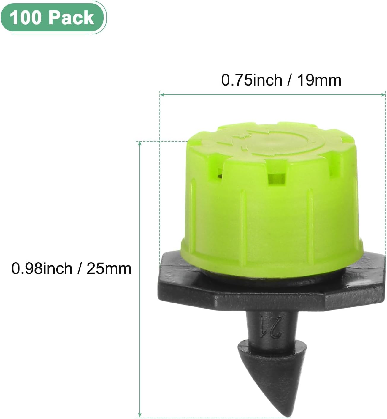 100-Pack 360 Degree Adjustable Irrigation Dripper, 1/4 Inch Barbed Emitter Drip Sprinklers for Garden/Greenhouse/Flower Bed/Watering System, Anti-Clogging Emitters [Green]