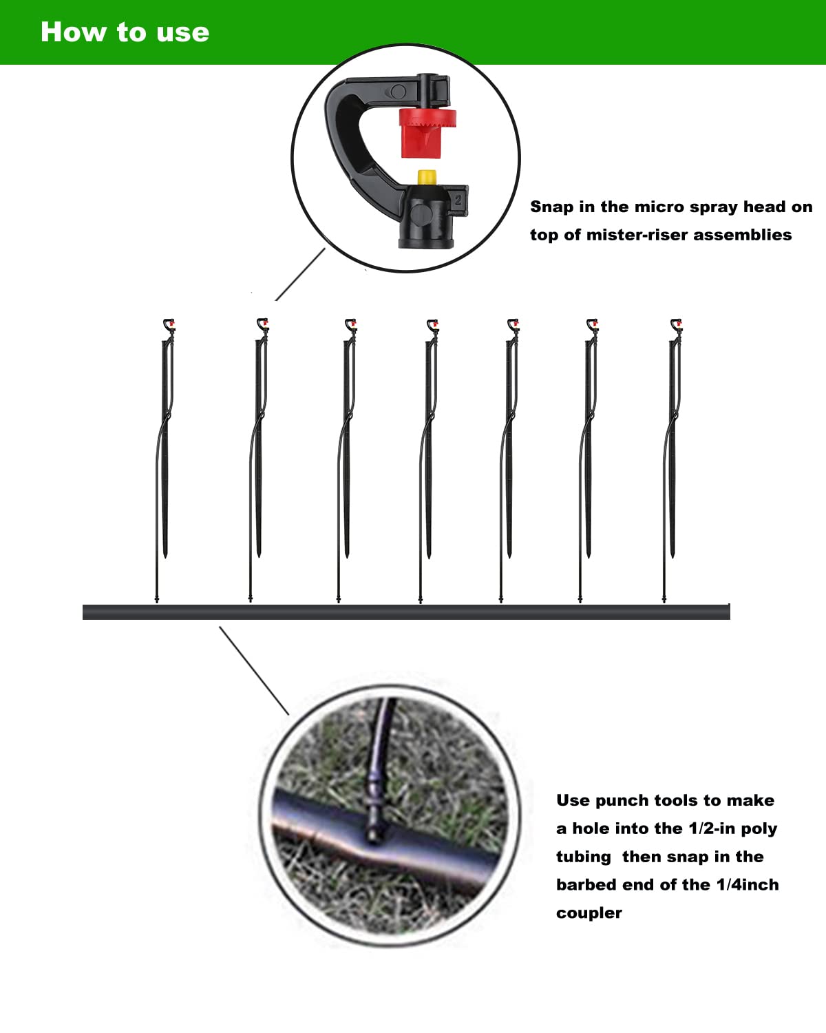 Drip Irrigation Micro Spray Emitter on 20 inch Stake with 1/4" Tubing and Barbed Coupler 180° Half Circle Pattern, 8.5’ Spraying Distance