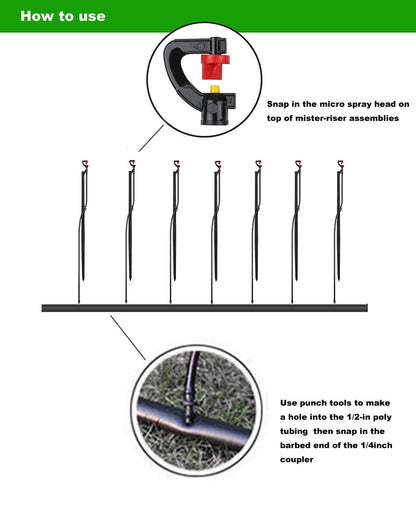 Drip Irrigation Micro Spray Emitter on 20 inch Stake with 1/4" Tubing and Barbed Coupler 180° Half Circle Pattern, 8.5’ Spraying Distance