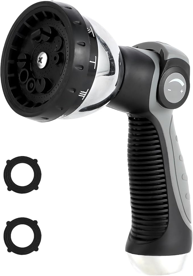 Garden Water Hose Nozzle Metal Heavy Duty Sprayer Thumb Control with 10 Spray Modes Suitable for Watering Plants, Iawn and Garden, Car Washing, Cleaning, Showering Pets and Outdoor Fun, Gray