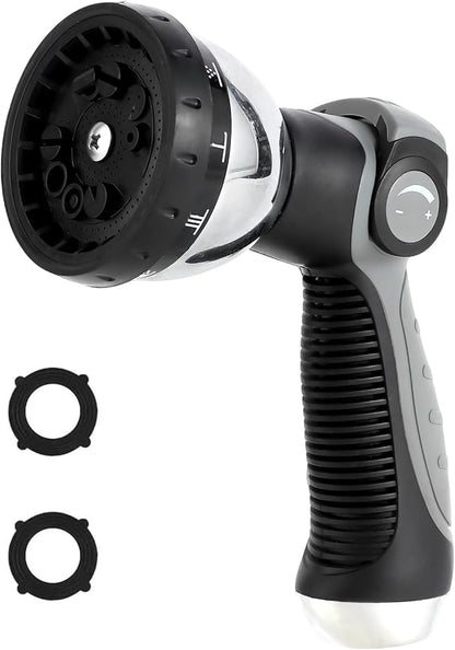 Garden Water Hose Nozzle Metal Heavy Duty Sprayer Thumb Control with 10 Spray Modes Suitable for Watering Plants, Iawn and Garden, Car Washing, Cleaning, Showering Pets and Outdoor Fun, Gray