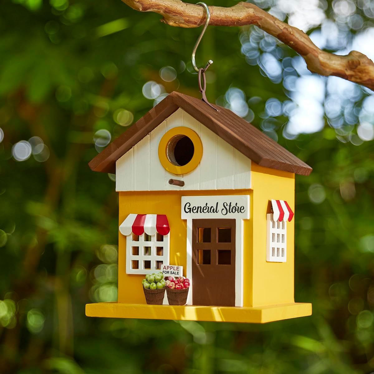 Glitzhome Birdhouses for Outdoors,Solid Wood Hanging Bird Houses for Outside, 9.5" H Modern General Store Decorative Pet Cottage Outdoor Garden Birdhouse for Outdoor Patio,Yellow