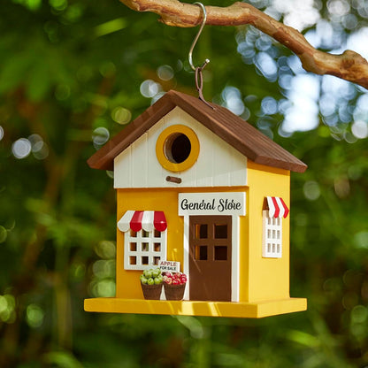 Glitzhome Birdhouses for Outdoors,Solid Wood Hanging Bird Houses for Outside, 9.5" H Modern General Store Decorative Pet Cottage Outdoor Garden Birdhouse for Outdoor Patio,Yellow
