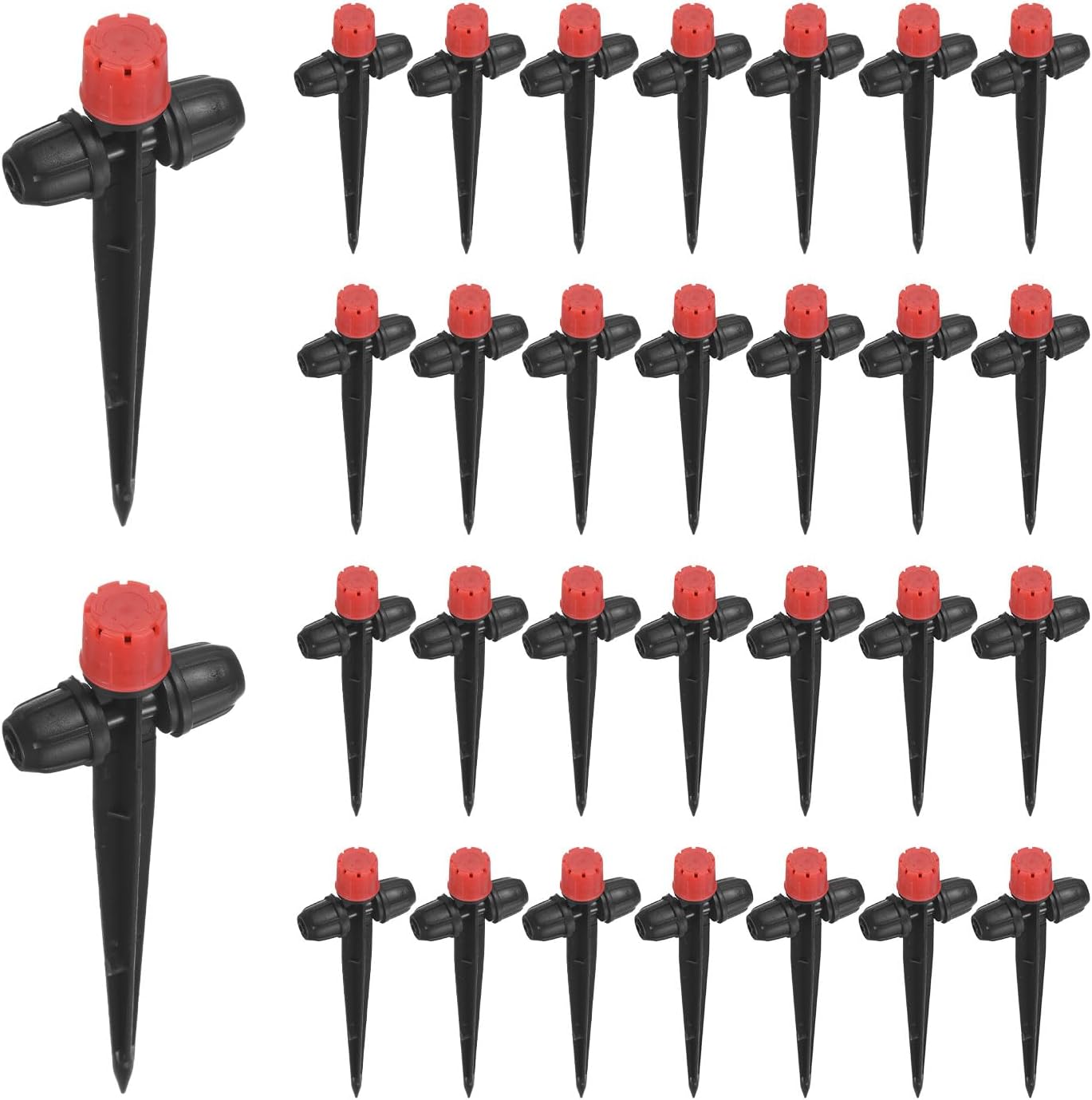 30-Pack Drip Irrigation Emitters Sprayers, Drippers on 5"/13mm Stake Adjustable 360 Degree Water Flow 8 Holes for 1/4" Drip Irrigation Tubing for Watering System [Red, Drip]