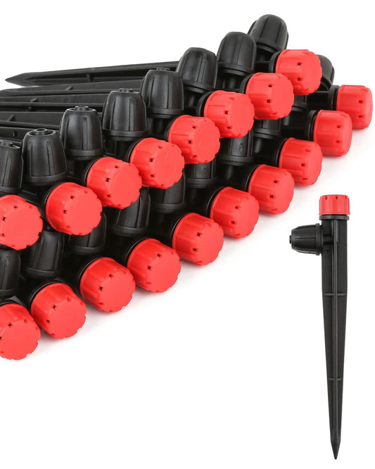 Drip Irrigation Emitters for 1/4" Drip Irrigation Tubing - Adjustable 360 Degree Water Flow Drippers on 5" Arrow Stake (25pcs Drip Emitters with Lock Barbed)