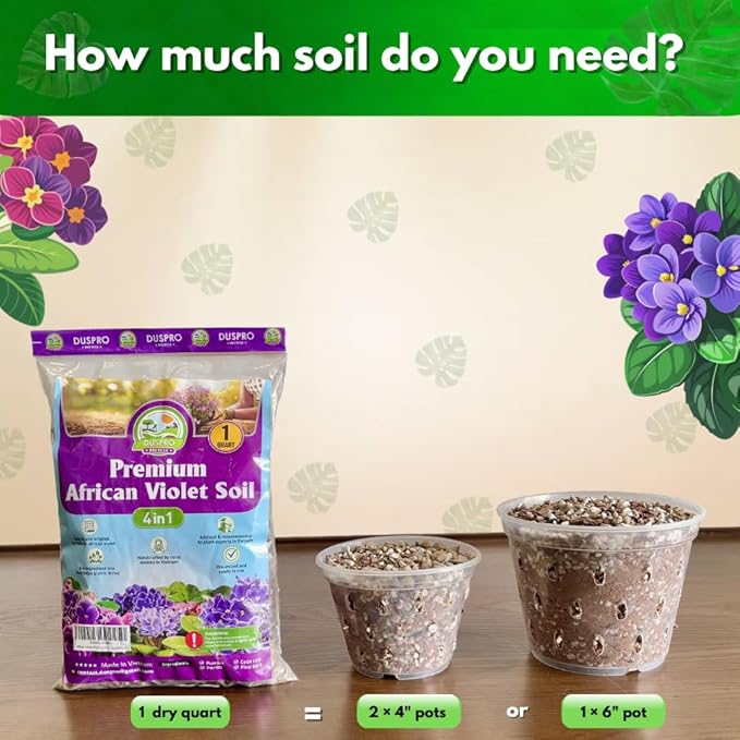 DUSPRO Recycle Premium 4-in-1 African Violet Potting Soil African Violet Soil Blend with Perlite, Coco Peat, Pumice, Pine Bark for Optimal Moisture Retention & Drainage 1QT