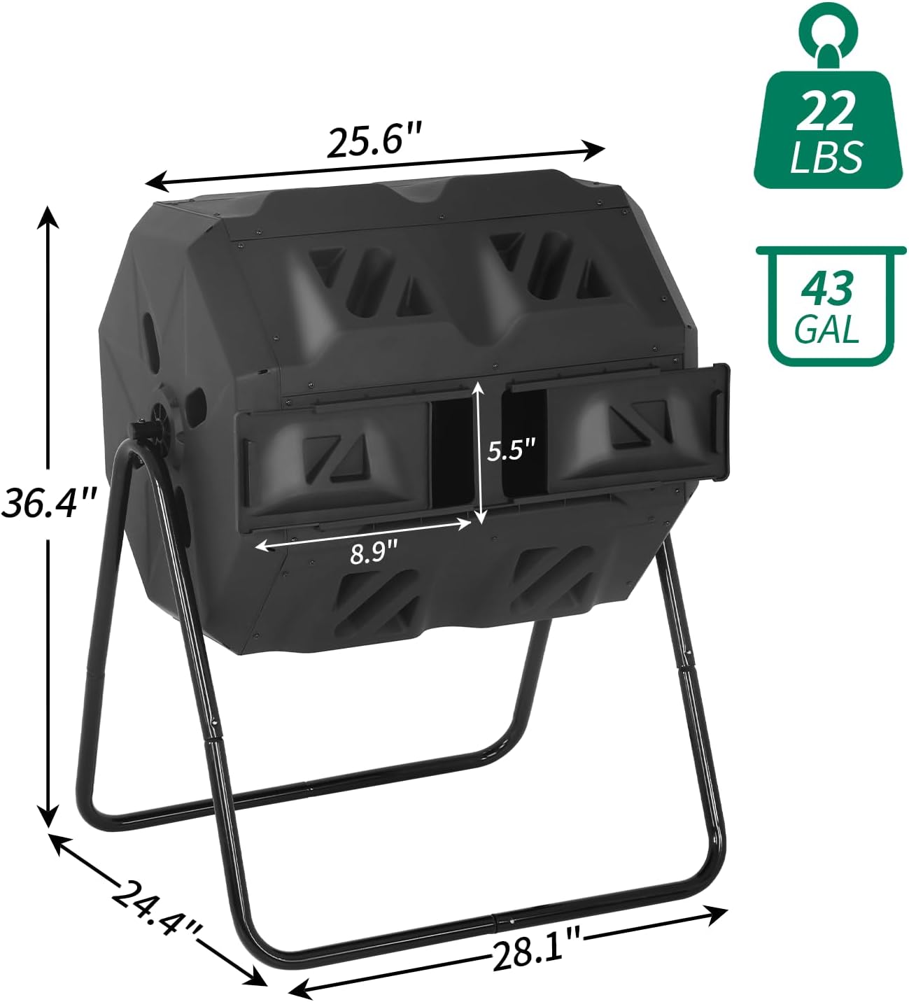 Outdoor Compost Bin 43 Gallon, Dual Chamber Tumbling Composter, Heavy-Duty Composting Bin for Garden, Kitchen, Yard, Kitchen Composter, Compost Bin Outdoor with Sliding Doors (Black)