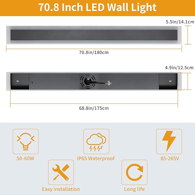 Upgrade Widened 2 Pack LED Outdoor Wall Lights, 71inch Modern Lighting Fixture, 3000K Warm White, IP65 Waterproof, 60W, White Acrylic, Black Minimalist Wall Mount Sconce for Balcony, Yard, Fence