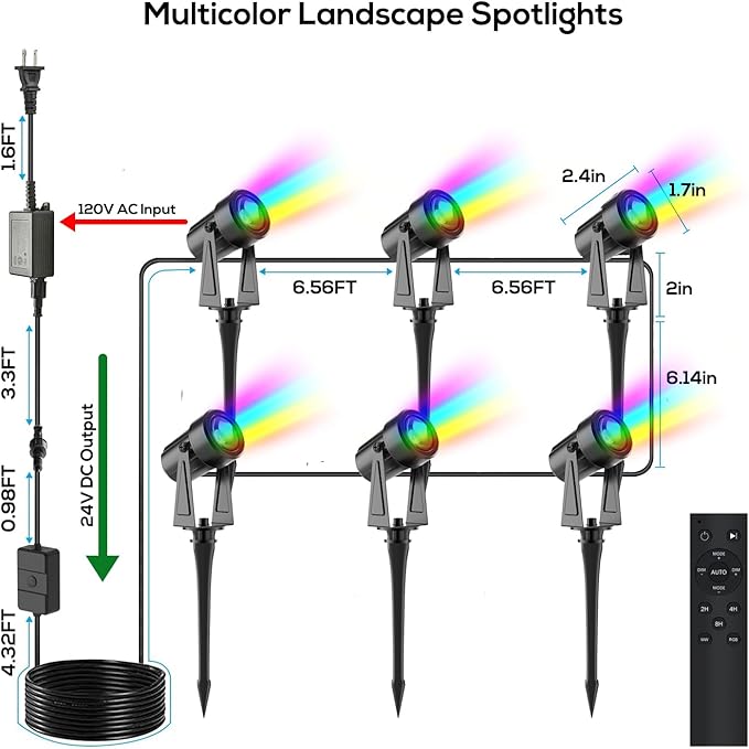 SUNTHIN Outdoor Landscape Lighting with Remote, RGBW Color Changing Spot Uplights, 6 Pack