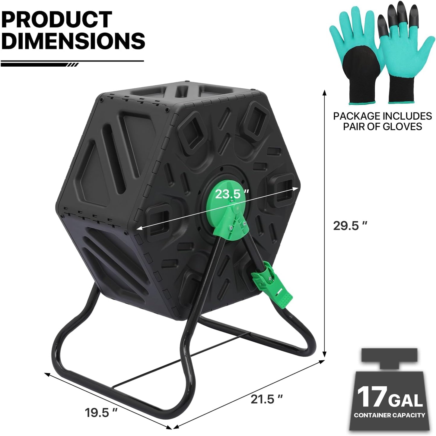 MoNiBloom 17 Gallon Single Compost Tumbler, BPA Free Outdoor Light Weight Compost Bin w/Sliding Door, All-Season Fast Working Rotating Chamber Composters for Garden Patio