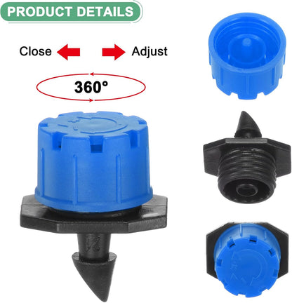 150-Pack 360 Degree Adjustable Irrigation Dripper, 1/4 Inch Barbed Emitter Drip Sprinklers for Garden/Greenhouse/Flower Bed/Watering System, Anti-Clogging Emitters [Blue]