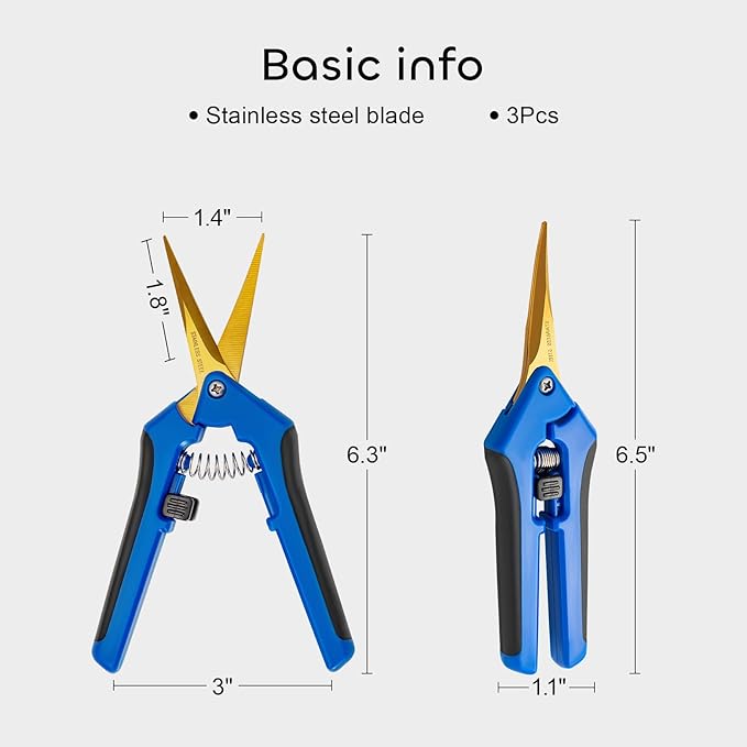GROWNEER 3 Packs 6.5 Inch Pruning Shears with Curved Blades Trimming Scissors For Gardening Hand Pruning Snips Titanium Coated Precision Blades