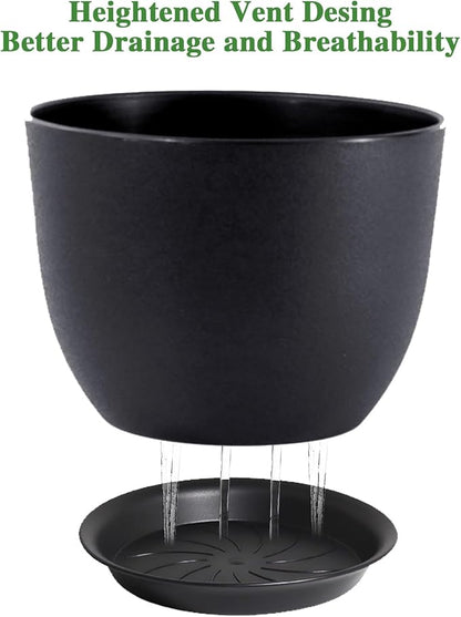 12inch Large Plant Pot, Modern Plastic Planter with High Driange Holes and Saucer for Indoor Outdoor Garden Plants and Flowers, Black
