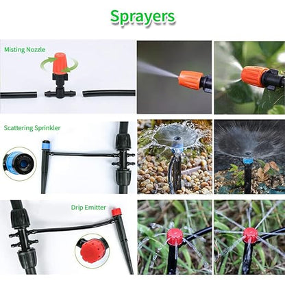 240FT Drip Irrigation Kit, Adjustable Plant Mister, Automatic Irrigation System, Mefape Sprinkler System, Garden Watering System for Greenhouse Yard Lawn, 1/2” 1/4” Drip Tubing