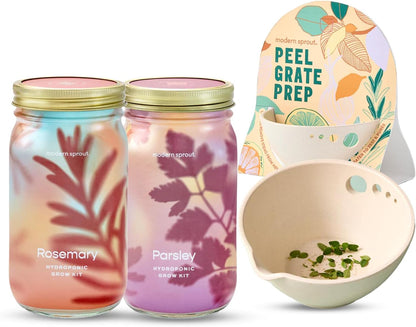 Modern Sprout Garden Jar & Herb Stripper Bundle, Self-Watering Herb Grow Kit w/Recyclable Mason Jar + 3-in-1 Prep, Peeler & Grater Plate, Indoor Gardening & Kitchen Gift Set (Rosemary & Parsley)
