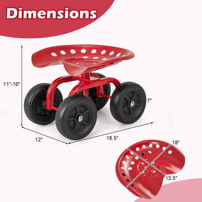 Goplus Garden Cart with Wheels, Utility Stool Cart w/Adjustable 360 Degree Swivel Seat, Outdoor Lawn Yard Rolling Work Seat, Garden Scooter for Planting (Red)