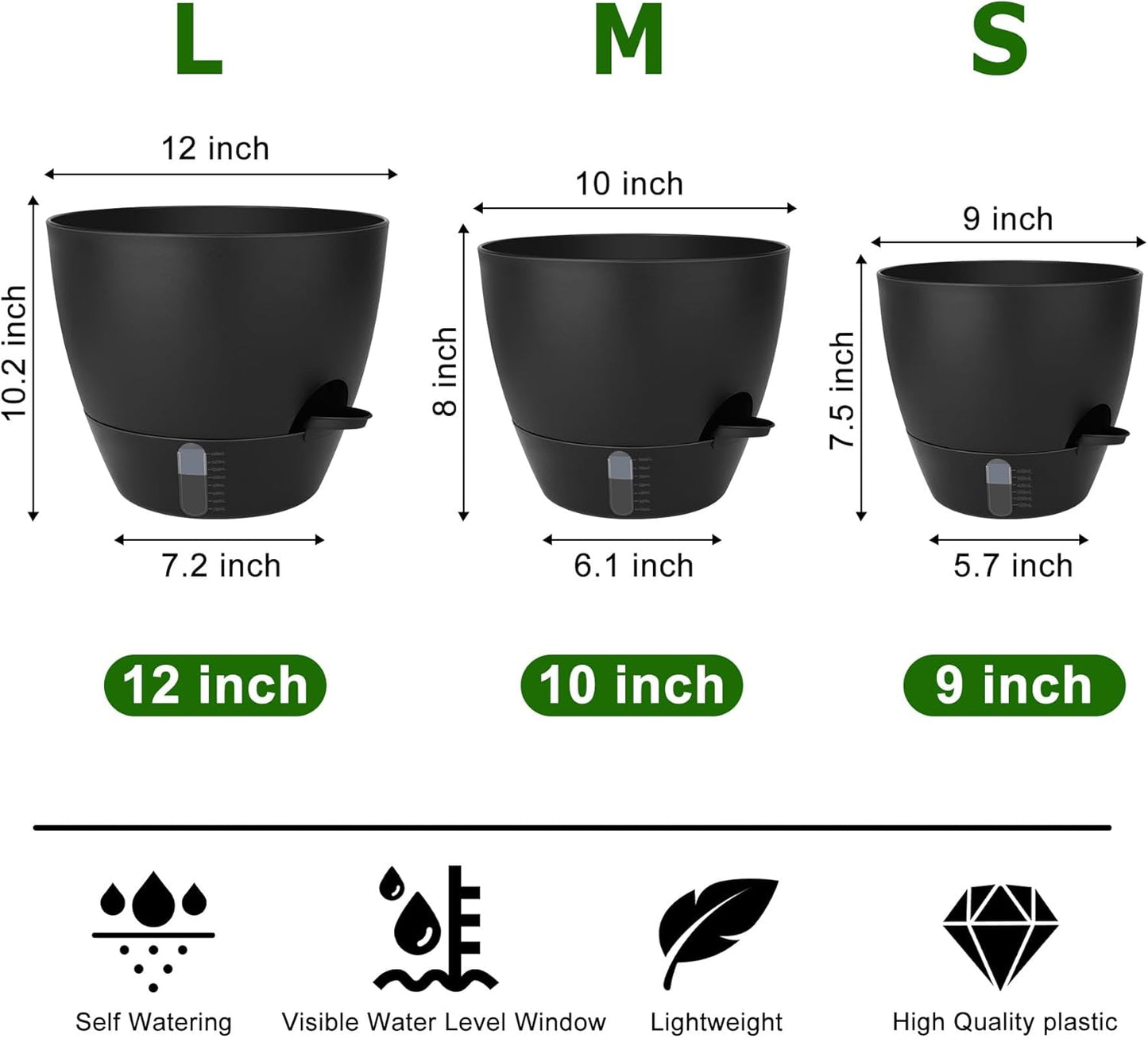 Self-Watering Plant Pots with Water Level Indicator, Drainage Holes & Saucers – 12/10/9 Inch Large Plastic Planter Set for Indoor & Outdoor Plants (Pure Black)