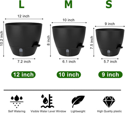 Self-Watering Plant Pots with Water Level Indicator, Drainage Holes & Saucers – 12/10/9 Inch Large Plastic Planter Set for Indoor & Outdoor Plants (Pure Black)