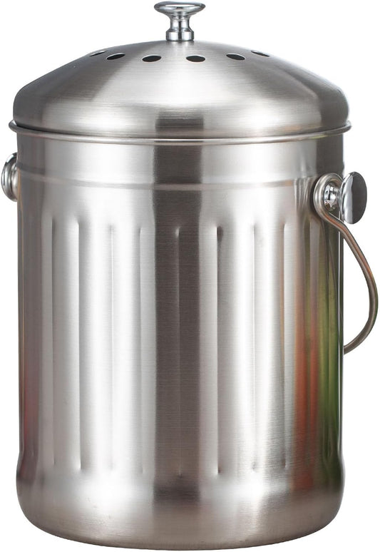 1.3 Gallon 5L Stainless Steel Compost Bin Countertop Compost Bucket Under Sink Kitchen Trash Can Composting Bucket Garbage Bin Poubelle Cuisine with Lid Charcoal Filter Indoor Silver