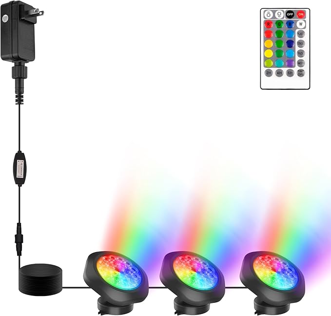 RGBW Pond Lights with Timer, 18 LED Super Bright Underwater Submersible Fountain Lights Color Changing Spotlights, Remote Control IP68 Waterproof for Fish Aquarium Tank Garden Pool (Set of 3)