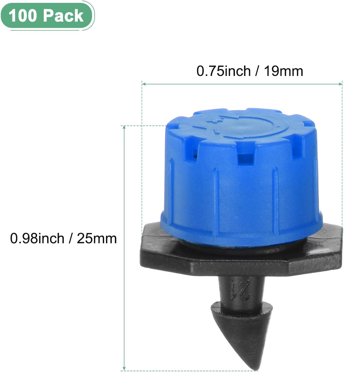 100-Pack 360 Degree Adjustable Irrigation Dripper, 1/4 Inch Barbed Emitter Drip Sprinklers for Garden/Greenhouse/Flower Bed/Watering System, Anti-Clogging Emitters [Blue]