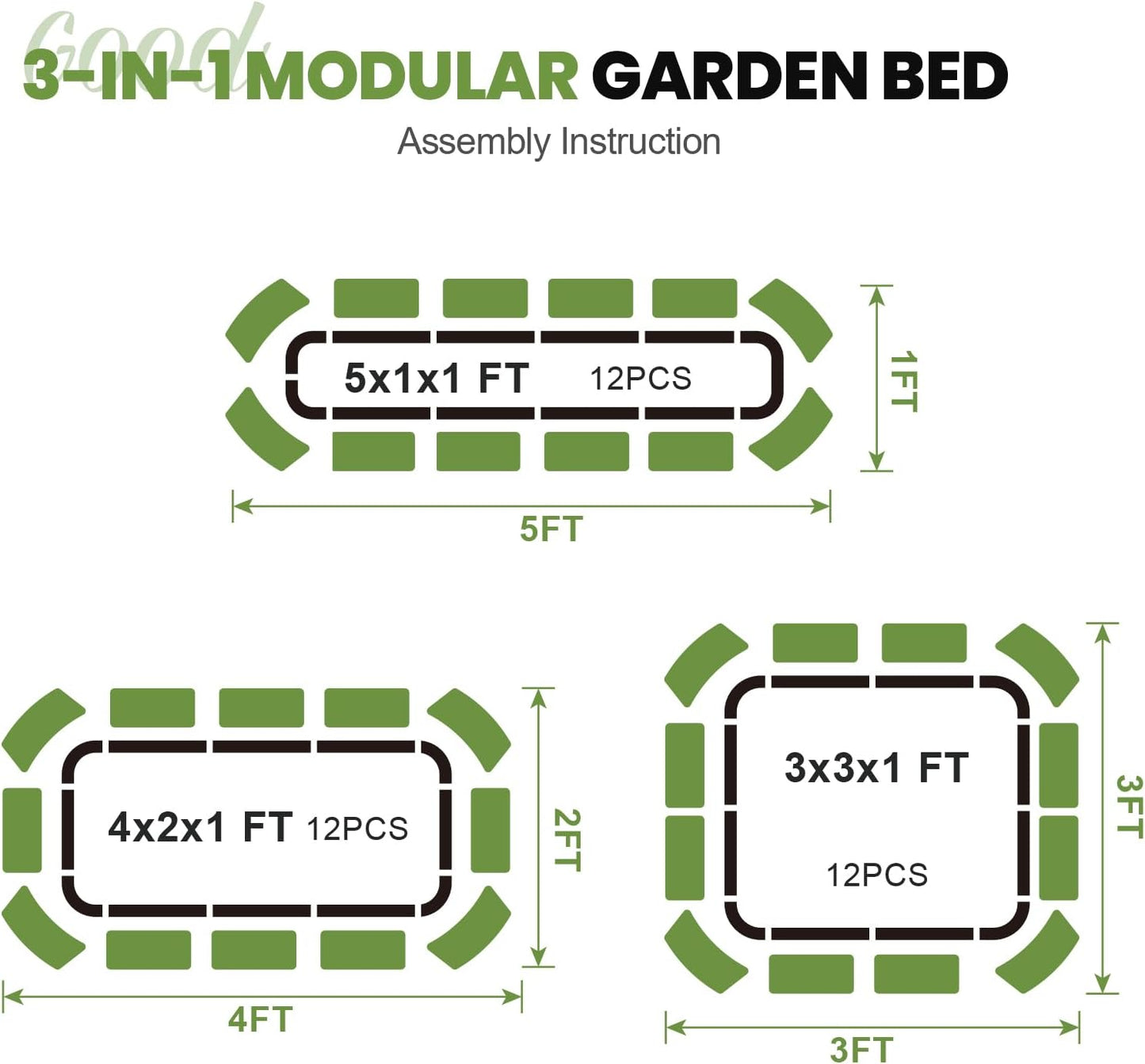 2Pcs 3-in-1 Adjustable Raised Garden Bed Kit | Galvanized Planter Boxes for Vegetables, Flowers | 12" Tall, Multiple Sizes (4x2x1ft, 3x3x1ft, 5x1x1ft) | Outdoor Metal Raised Bed for Gardening, Green