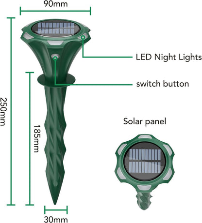 Mole Repellent Solar Powered, 2 Pack Snake Repellent for Yard Waterproof Motion Detection LED Flash Light, Ultrasonic Skunk Repellent Get Rid of Mole, Vole, Rabbit, Gopher, Raccoon, Deer