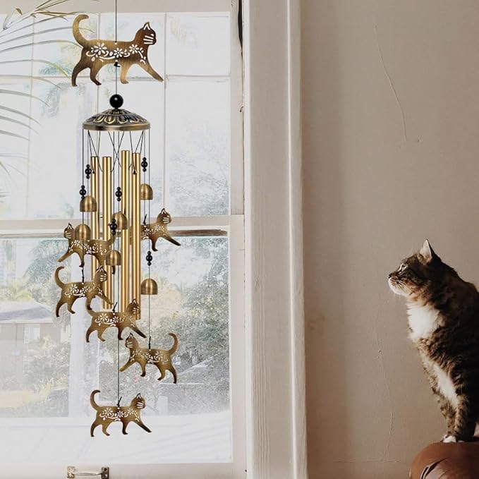 Outside Cat Wind Chime Decor, Memorial Wind Chimes, Cat Wind Catcher, Mobile Wind Bells, Bronze Wind Chimes for Home, Yard, Patio, Garden Cat Decoration, Festival Gifts for Mom, Cats Chimes