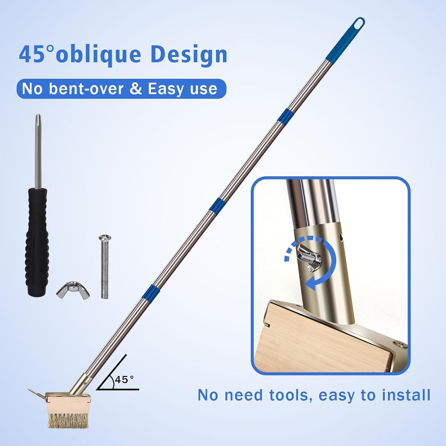 Moss Grout Remover Brush Tool with Detachable 64.9Inch Handle for Outdoor Concrete Deck Pavers Patios Walkways Crevice Cleaning, 2 Pcs Metal Wire Brush Heads with Crack Scraper Weeder Puller