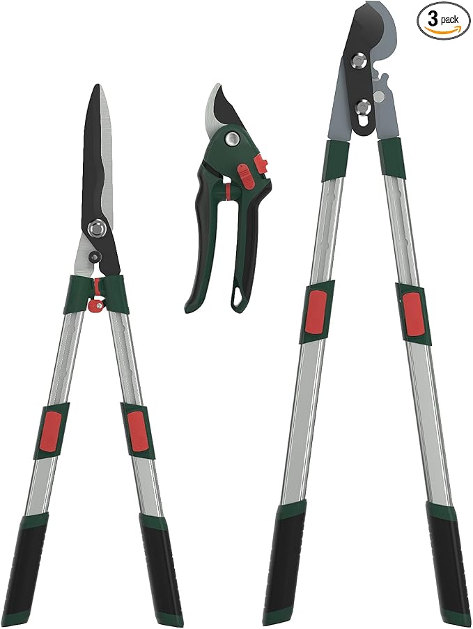 GARTOL 3-Piece Garden Tool Set - Bypass Lopper, Hedge Shears, Pruning Shears with Telescopic Aluminum Handles, Extendable Heavy-Duty Branch Cutters, Garden Clippers for Branches, Shrubs, and Hedges