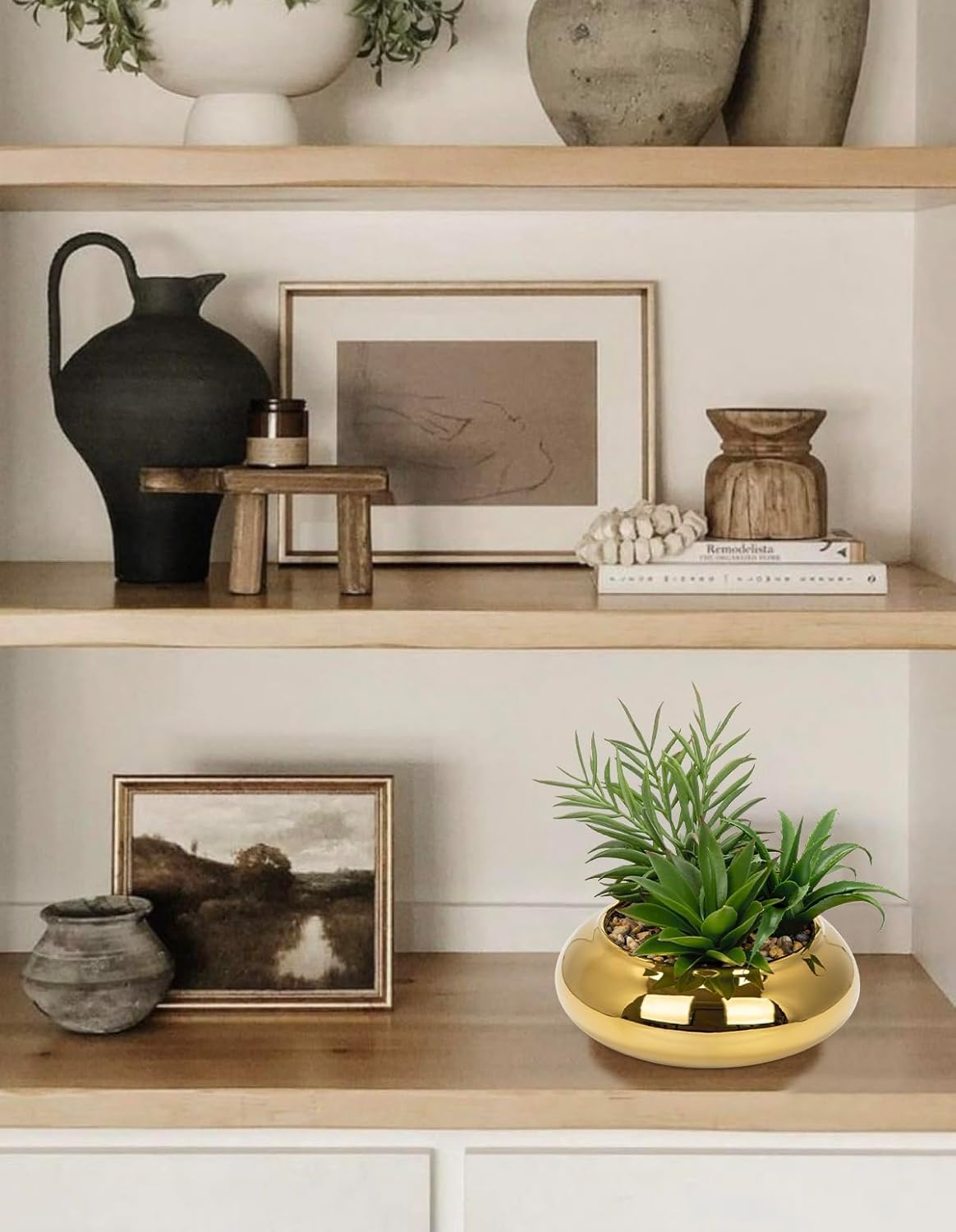 Hollyone Large Artificial Succulents Plants Faux Succulents with Gold Pots Fake Succulent Potted Plants in Ceramic Pot for Home Decor Office Desk Bathroom Living Room Indoor & Outdoor Decorations